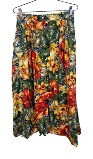 SK & Company Vintage 90s Tropical Floral Leopard Print Rayon Midi Skirt 10 thumbnail 1