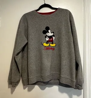 VTG 90s Y2K Mickey Mouse Disney XLarge 16/18 Grey Red Crewneck Pullover Fleece. thumbnail 1