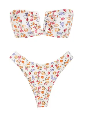 ZAFUL Women's Strapless V Wired Lace Up Ruffle Bandeau Bikini Set thumbnail 1