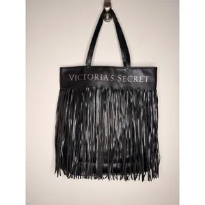 NWT Victoria's Secret Limited Edition black faux‎ leather fringe tote bag thumbnail 3