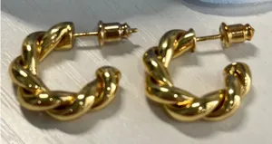 Gold tone Twisted Croissant‎ Hoop Earrings Textured C-Shape Post Backs 0.75 Inch thumbnail 1