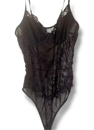 NWOT Black Lace & Mesh Lingerie Bodysuit w/Adjustable Straps – Sexy&Elegant XL thumbnail 2