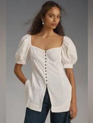 Anthropologie White Maeve Puff-Sleeve Sweetheart Top Size L NWT (READ) thumbnail 2