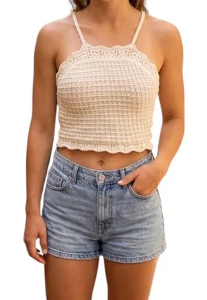 Zara Crochet Crop Top Halter Knit S Tan Beige Cream thumbnail 1