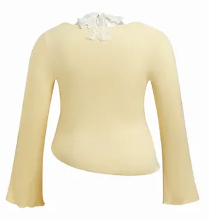 Cider Pale Yellow Long Sleeve Lace-Trim Crop Top thumbnail 4