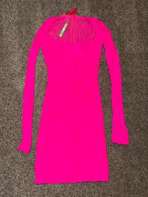 SKIMS Stretch Lace Underwire Long Sleeve Mini Dress in Neon Pink thumbnail 1