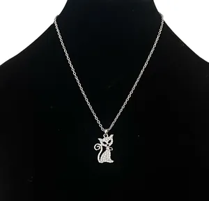Vintage Paved Sitting Cat Pendant Necklace Silver thumbnail 1