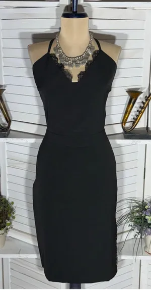 Black cocktail midi dress open back deep V pencil wedding guest sexy homecoming thumbnail 1