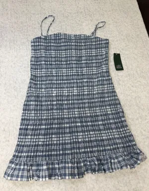 Wild Fable Slate Blue Plaid Smocked Ruffle Mini Dress Large‎ NWT thumbnail 1