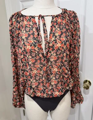 Free People Intimates Floral Chiffon Long Sleeve Bodice Bodysuit Small Black Red thumbnail 1