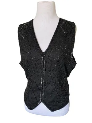Vintage Silk Beaded Sequin Waistcoat Vest Black thumbnail 2