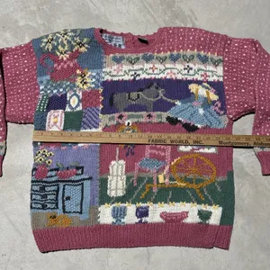 Vintage Hand Knitted Cardigan Sweater SZ L Cottagecore Antiques Farm House Pink thumbnail 7