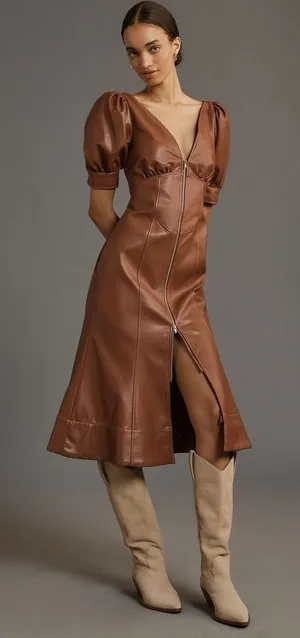 NWT By Anthropologie Vegan Leather Puff Sleeve Zip Front Midi Dress Size 2 Brown thumbnail 1