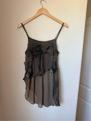 Free People Sheer Beaded Boho Tunic Cami Top Gray Brown Hi-Low Size L thumbnail 2
