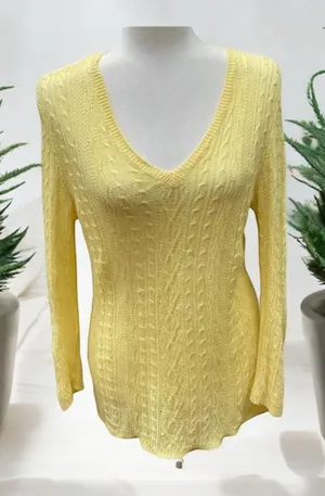 LRL Ralph Lauren citrus yellow linen sweater cable knit v-neck size Medium M thumbnail 1