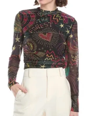 Farm Rio Amazonia Tulle Blouse Multicolor Sheer Mock Neck Size S thumbnail 11
