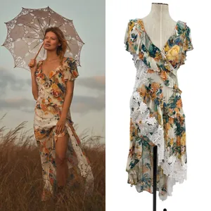 Anthropologie V-Neck Ruffle Lace Slip‎ Dress Floral White Multicolor Size US 4 thumbnail 2