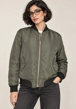 Olivia Grey Olive Green Bomber Jacket Womens Small Utility Flight Coat Ribbed S thumbnail 1