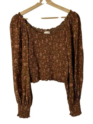 Boutique Hem & Thread Brown Floral Smocked Long Sleeve Top S‎ thumbnail 1