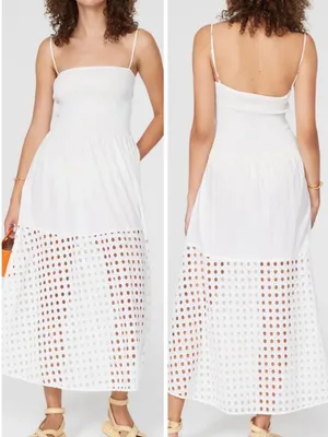 Solid & Striped Kennedy White Smocked Lace Cutout Midi Dress thumbnail 10