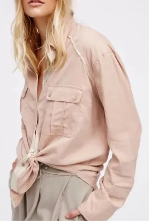 FREE PEOPLE Off Campus Button Down‎ Top in blush pink silver trim thumbnail 1