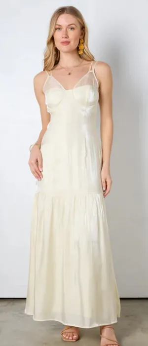 💛 FORE Cream Satin‎ Bustier Midi Dress S – Sleek Shimmer Slip Style ✨ thumbnail 1