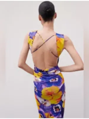 Zara Vibrant Floral Print Mesh Maxi Dress Criss Cross Open Back S thumbnail 14