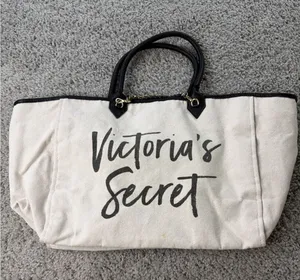 Victoria's Secret Canvas Tote Bag Black White Logo Large Beach Travel Bag thumbnail 1