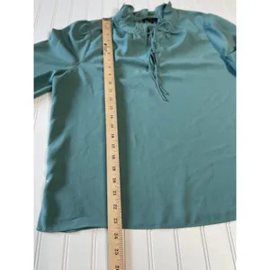 J.Crew Teal Green Ruffle Neck Tie Blouse Smocked Cuff Long Sleeve Top Size L thumbnail 8