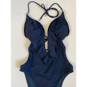 Abercrombie & Fitch Navy Blue Ruffle Plunge‎ Halter One Piece Swimsuit Small NEW thumbnail 2