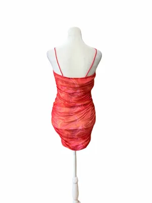 SHEIN Women’s Ruched Spaghetti Strap Mini Dress - Pink & Orange Swirl thumbnail 2