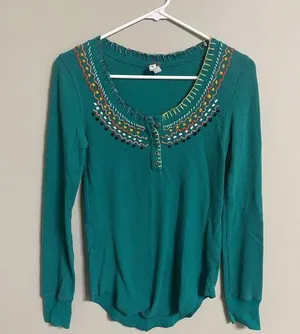 We The Free Free People Embroidered Waffle Knit Teal Boho Long Sleeve Womens Size Medium thumbnail 1