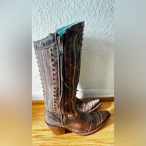 Corral Distressed Brown Crystal Cross Stripes and Studs Tall Boot Size 7M thumbnail 4
