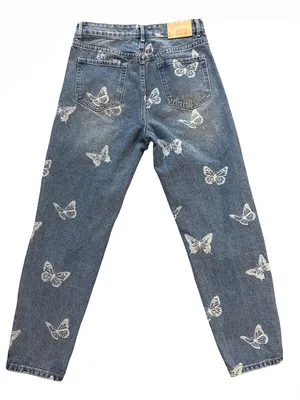 Blue Denim Butterfly Print Boyfriend Jeans - Women's thumbnail 4