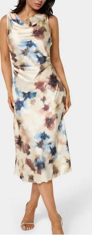 Women’s Bebe Tan Blue Satin Floral Print Sleeveless Cowl Neck Midi Dress Size XS thumbnail 1
