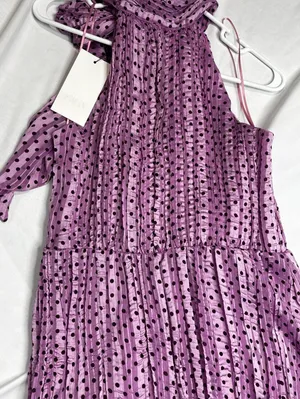 Zara Polka Dot Halter Tie Pleated Midi Dress Lilac Size L thumbnail 3