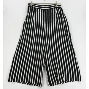 H&M Striped Culotte Pants Women 12 Black White Tan Wide Leg Cropped Pull On thumbnail 1