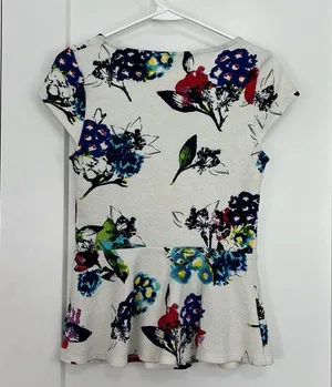 Anthropologie 9H1F STCL Small White Floral Sweetheart Neckline Cap Sleeve Blouse thumbnail 8