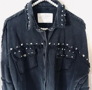 ZARA | Studded Denim Black Fringe Raw Hem Jacket thumbnail 6
