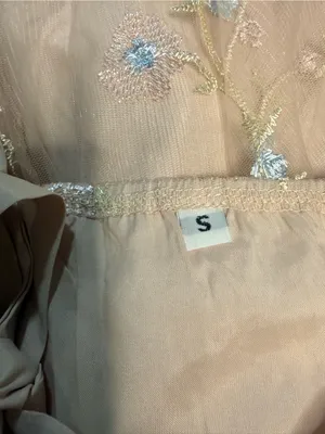 Embroidered Tie-Shoulder Midi Dress in Nude with Blue Accents thumbnail 6