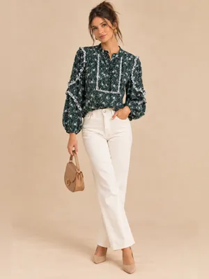 J.Crew Green Ditzy Floral Ruffle Trim Button Front Yolk Long Sleeve Blouse Small thumbnail 8