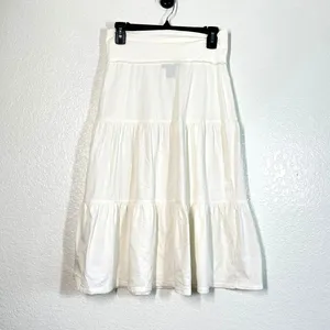 Ann Taylor Skirt XS Midi Tired Full White Ruffle Women's Basic Capsule Cotton Elastic Waist thumbnail 2