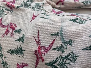 Cream Waffle Knit Two-Piece Pajama Set with Green Tree & Pink Bird Print thumbnail 7