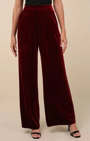 Lulus Chic Splendor Wine Red Velvet Pleated High-Rise Wide-Leg Pants Luxe Size M thumbnail 1