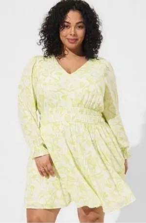 torrid Light Yellow Floral V-Neck‎ Long Sleeve Dress thumbnail 1