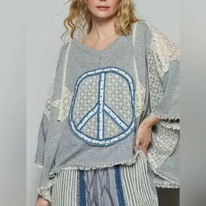 POL Gray Knit Top with Intricate Lace thumbnail 3