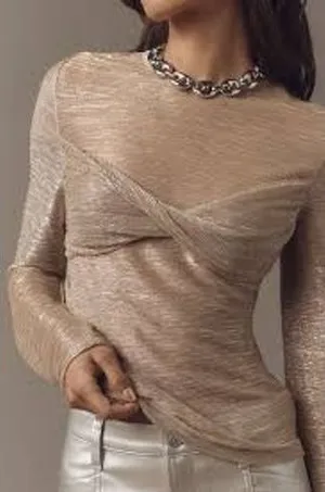 Anthropologie Top Women XL Gold Twisted Knot Metallic‎ Long Sleeve Shimmer Sable thumbnail 1