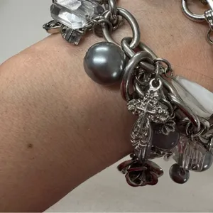 Silver Tone Chunky Charm Bracelet Hearts Rose Rhinestone thumbnail 9