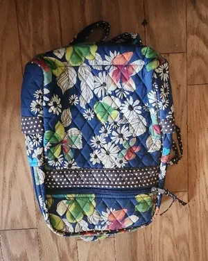 Quilted Backpack Womens Navy Blue Floral Polka Dot Zipper Boho‎ thumbnail 1