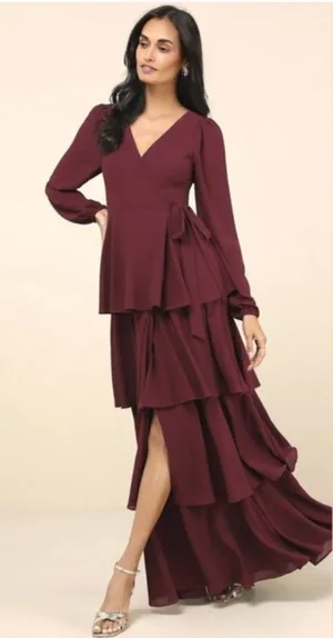 NWT Lulus Small Marvelous Grace Plum Long Sleeve Tiered Wrap Maxi‎ Dress Sz XS thumbnail 1